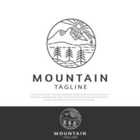 logo montagne in stile linea semplice.sole,alberi,fiume,cielo,illustrazione vettoriale su sfondo bianco,campeggio,montagne travel logo design