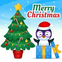 pinguino in confezione regalo che celebra natale e capodanno vettore