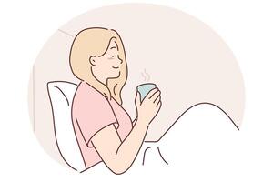 donna è potabile caffè seduta nel letto sotto coperta godendo mattina fine settimana e bene umore vettore