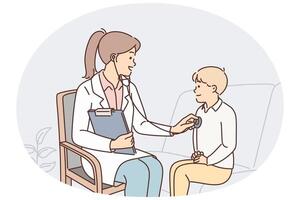 donna pediatra usi stetoscopio ascoltando per battito cardiaco di bambino durante scuola materna verifica vettore