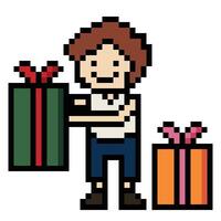 carino pixel cartone animato 8 bit personaggio uomo hold regalo scatola indennità ricompensa decorazione 8 po maschio ragazzo dare regalo scatola shopping compleanno Natale giorno gioco. vettore