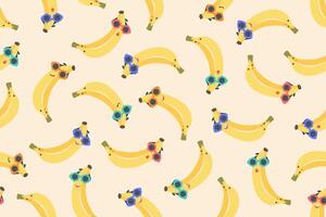 Banana senza soluzione di continuità modello. mano disegnato carino sorridente banane nel colore occhiali da sole con diverso emozioni. Banana cartone animato sfondo. illustrazione per sfondo, tessile, Stampa, bambino prodotti vettore