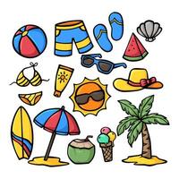estate vacanza tropicale stile di vita disegnato a mano scarabocchio illustrazione impostato vettore