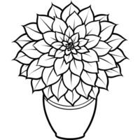 dalia fiore su il vaso schema illustrazione colorazione libro pagina disegno, dalia fiore su il vaso nero e bianca linea arte disegno colorazione libro pagine per bambini e adulti vettore