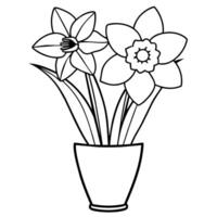 narciso fiore su il vaso schema illustrazione colorazione libro pagina disegno, narciso fiore su il vaso nero e bianca linea arte disegno colorazione libro pagine per bambini e adulti vettore
