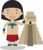 maya cartone animato personaggio con un' tipico sacro tempio. illustrazione. bambini storia collezione. vettore
