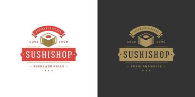 Sushi logo e distintivo giapponese cibo ristorante con Sushi salmone rotolo asiatico cucina silhouette illustrazione vettore