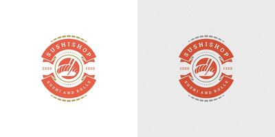 Sushi logo e distintivo giapponese cibo ristorante con salmone sashimi asiatico cucina silhouette illustrazione vettore