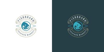 frutti di mare logo o cartello illustrazione pesce mercato e ristorante emblema modello design pesce silhouette vettore