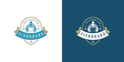 frutti di mare logo o cartello illustrazione pesce mercato e ristorante emblema modello design aragosta silhouette vettore