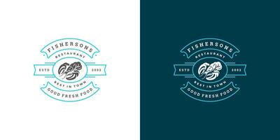 frutti di mare logo o cartello illustrazione pesce mercato e ristorante emblema modello design aragosta silhouette vettore