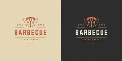 barbecue logo illustrazione griglia bistecca Casa o bbq ristorante menù emblema forchetta con salsiccia silhouette vettore
