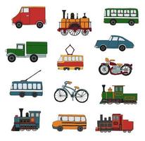 vettore colorato set di motori retrò e trasporti. illustrazione vettoriale di treni d'epoca, autobus, tram, filobus, auto, biciclette, bici, furgoni, camion isolati su sfondo bianco. illustrazione in stile cartone animato