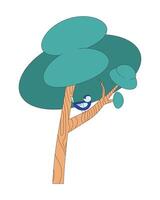albero con piccolo uccello nel ramo 2d lineare cartone animato oggetto. primavera foresta pianta e volante animale isolato linea elemento bianca sfondo. natura bellezza scena colore piatto individuare illustrazione vettore