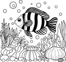 colorazione libro per bambini. colorazione libro pesce. figli di colorazione libro nero e bianca, pesce nuotare e alga marina. vettore