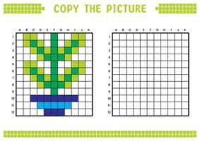 copia il immagine, completare il griglia Immagine. educativo fogli di lavoro disegno con piazze, colorazione cellula le zone. figli di prescolastico attività. cartone animato, pixel arte. impianti e pentole illustrazione. vettore