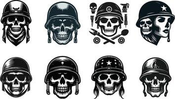 illustrazione di cranio con esercito cappello logo impostato vettore