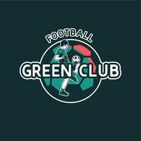 logo design football club verde con giocatore di football che fa giocoleria palla illustrazione piatta vintage vettore