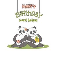 simpatici animali disegnati a mano con scritte. gemelli panda con regalo, cuore, fiori e foglie. migliori amici. Buon compleanno. sfondo bianco. vettore. vettore