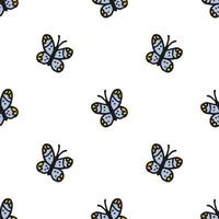 modello senza soluzione di continuità. stile doodle disegnato a mano. elementi della natura. farfalla blu su sfondo bianco. vettore