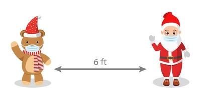 simpatico bellissimo personaggio di babbo natale orso bruno che indossa un abito natalizio e una maschera facciale che tiene in mano un cartellone e mantiene una distanza sociale di 6 piedi isolata vettore