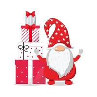 simpatico bellissimo personaggio di babbo natale che indossa un abito natalizio e saluta colorato e in piedi e saluta con scatole regalo vettore