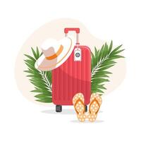 estate sfondo con viaggio valigia, Flip flop e estate cappello. vacanza e viaggio concetto. illustrazione. vettore