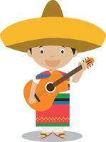 personaggio a partire dal Messico vestito nel il tradizionale modo con chitarra. illustrazione. bambini di il mondo collezione. vettore