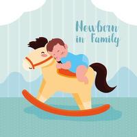 biglietto neonato con bambino e cavallo di legno vettore