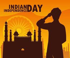 etichetta indiana del giorno dell'indipendenza con silhouette uomo vettore