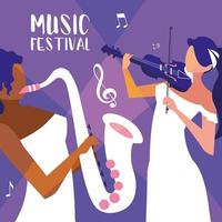 poster del festival musicale con donne che suonano violino e sassofono vettore