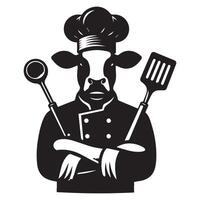 mucca logo - capocuoco mucca nel un' capocuoco cappello illustrazione nel nero e bianca vettore