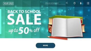 torna a scuola vendita, moderno banner web orizzontale blu con libri di testo scolastici e quaderno vettore