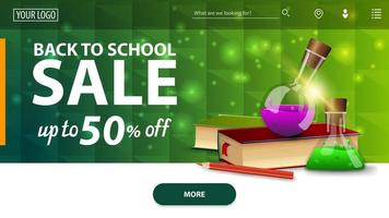 torna alla vendita della scuola, moderno banner web orizzontale verde con libri e boccette chimiche vettore