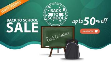 torna alla vendita della scuola, modello di banner web verde con pulsante, consiglio scolastico e zaino scolastico vettore