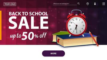 torna alla vendita della scuola, moderno banner web orizzontale rosa con libri scolastici e sveglia vettore