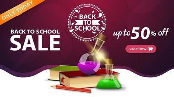 torna alla vendita della scuola, modello di banner web rosa con pulsante, libri e boccette chimiche vettore