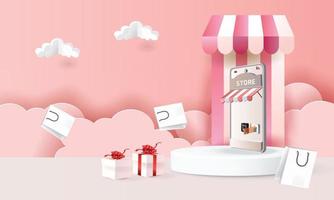 arte della carta shopping online su smartphone e nuova promozione di acquisto vendita backgroud rosa per il concetto di donne e-commerce mercato banner. vettore