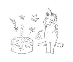 cartone animato carino unicorno e torta con ardente candela. impostato icone, contento compleanno. Principessa corona, stelle. disegno, scarabocchio. illustrazione nel scarabocchio stile. arredamento per inviti, carte. sfondo isolato. vettore