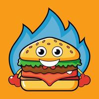 arte di hamburger formaggio con fuoco cartone animato stile piatto icona illustrazione vettore