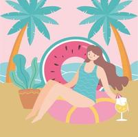 estate spiaggia ragazza che beve cocktail vacanza rilassante turismo vettore