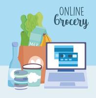 mercato online, computer che ordina gli ingredienti della carta di credito bancaria, consegna di cibo nel negozio di alimentari vettore
