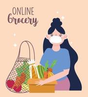 mercato online, donna con maschera e scatola eco friendly, consegna cibo in drogheria vettore