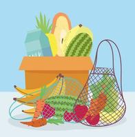 mercato online, scatola di cartone borsa ecologica con frutta fresca verdura, consegna cibo in drogheria vettore