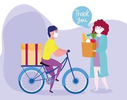 consegna sicura a casa durante il coronavirus covid 19, corriere con maschera in bicicletta e cliente con borsa della spesa con cibo vettore