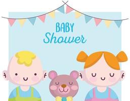 baby shower, bambino e bambina con orsetto carino, annuncia il biglietto di benvenuto del neonato vettore
