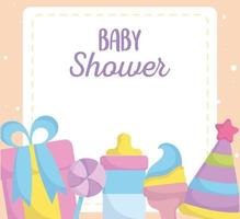 baby shower, confezione regalo con cappello a sonagli festa, annuncio biglietto di benvenuto per neonati vettore