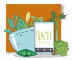 ciotola di smartphone mercato fresco con piselli broccoli, verdure cibo biologico sano vettore