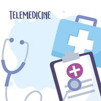 telemedicina, kit medico stetoscopio attrezzature per appunti trattamento e servizi sanitari online vettore