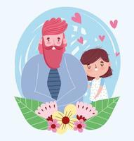 felice festa del papà, papà carino e fiori figlia amano i cuori vettore